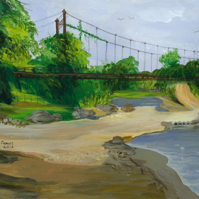 Old bridge, trees, wire overhead, water, saned